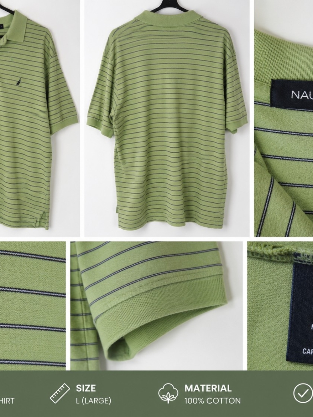 Nautica Men's Green Striped Polo Shirt Size L